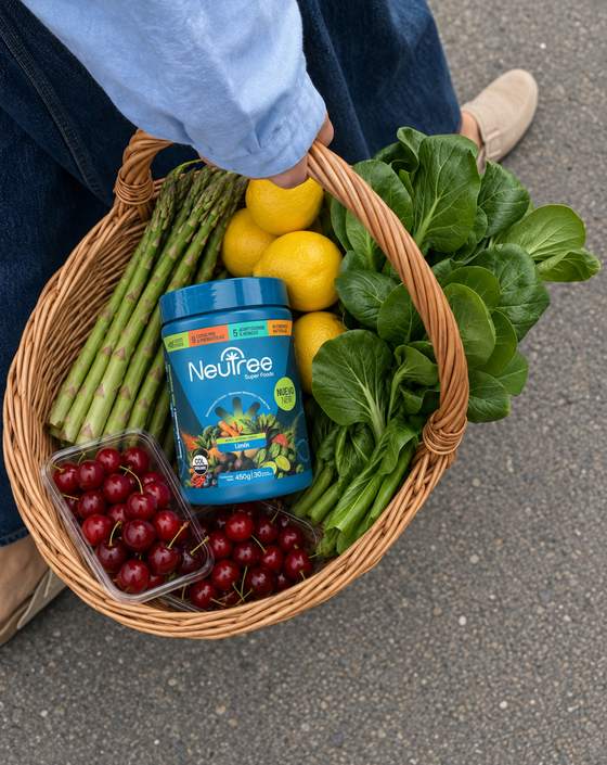 Canasta con frutas y verduras y un tarro de Neutree
