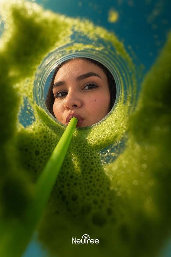 Vista desde el interior de un vaso con bebida verde y pitillo
