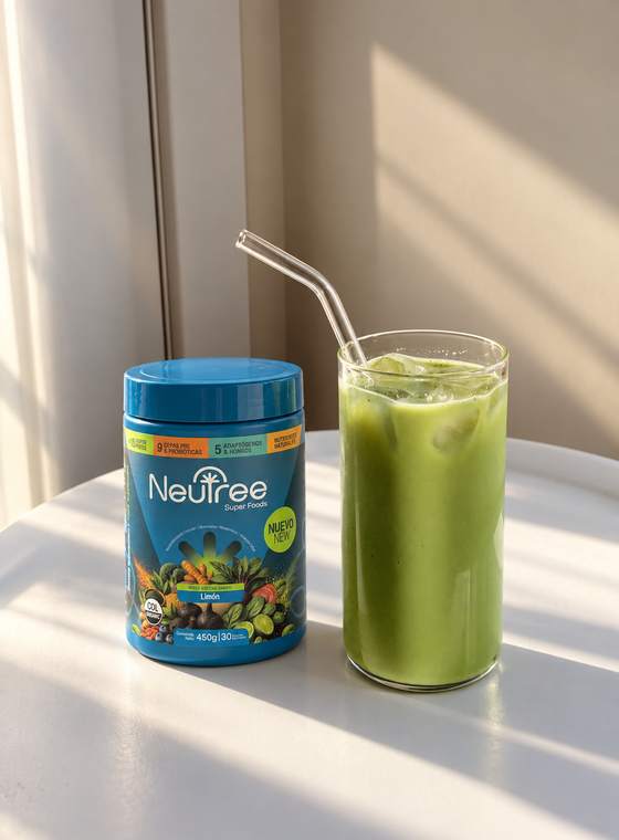 Tarro de Neutree y un vaso de bebida verde junto a una ventana
